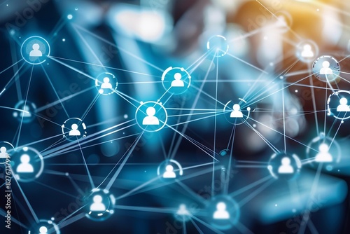 Business professionals sharing insights, network background abstract blurred, emphasizing knowledge exchange
