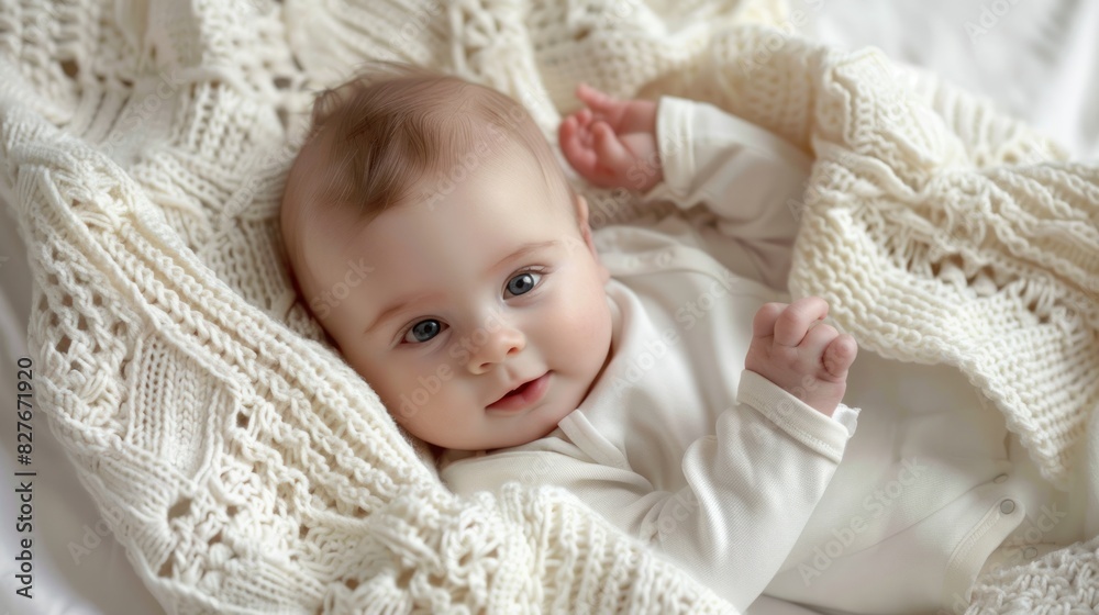 Cute baby is lying on the bed wrapped in blanket. Cute baby is lying on the bed wrapped in blanket.