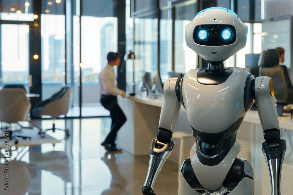 A futuristic humanoid robot standing in a modern office environment, engaging with business professionals, representing innovation in technology and AI in corporate settings A futuristic humanoid robot standing in a modern office environment, engaging with business professionals, representing innovation in technology and AI in corporate settings