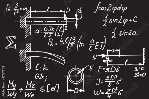 Physical notation with the equations, figures, schemes, plots and other calculations on school board. Handwritten vector illustration. Scientific background.