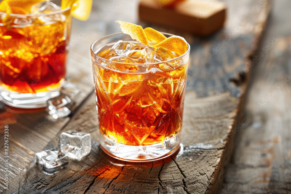 Two Classic Old Fashioned Cocktails with Orange Twist Two Classic Old Fashioned Cocktails with Orange Twist