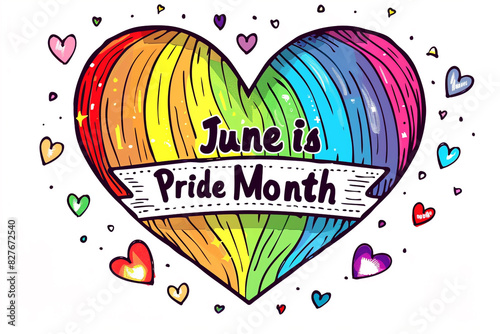 " June is Pride Month " written message . Progress LGBTQIA pride flag in heart shape icon vector isolated on a white background. 