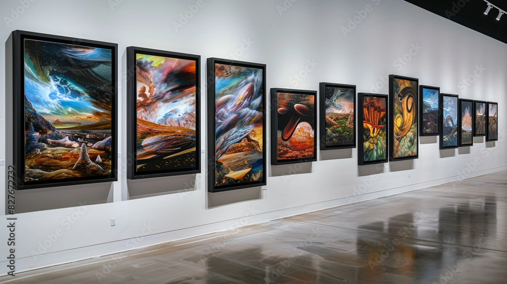 An art museum gallery with a white wall features a series of paintings, each in a black frame, depicting abstract landscapes of alien terrains. An art museum gallery with a white wall features a series of paintings, each in a black frame, depicting abstract landscapes of alien terrains.