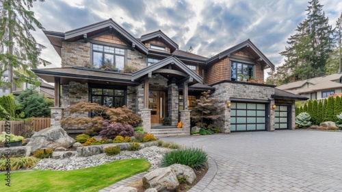 beautiful home in vancouver, elegant stone and wood exterior with large garage door on the right side of house, beautiful landscaping with rock garden, cloudy sky, photo