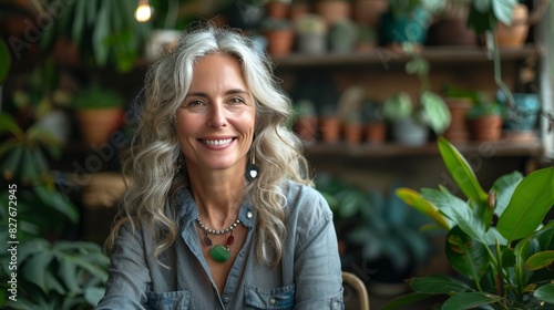 Handsome smiling woman facing camera. Background of house plants.  © Paul