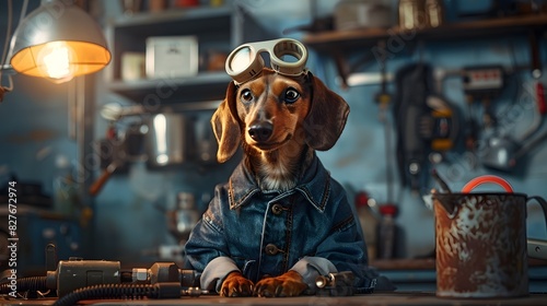 Dachshund Donning Electrician Outfit Skillfully Handles Electrical Job at Home photo