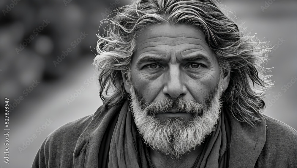 Black and white portrait of an elderly man with long hair and a beard, resembling Moses Black and white portrait of an elderly man with long hair and a beard, resembling Moses