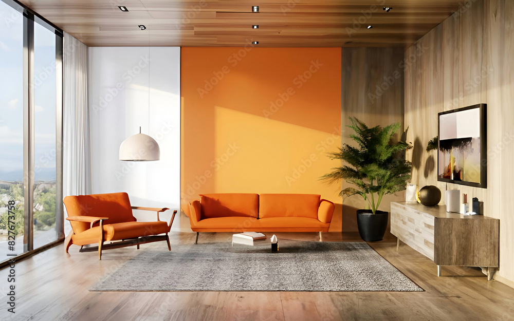 Fototapeta premium Modern minimalist living room interior with sofa on a wooden floor,generated ai 