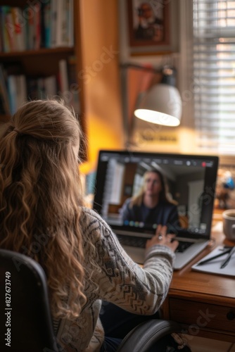 Person with long hair working remotely on laptop in home office with books and lamp in the background, during a video call.