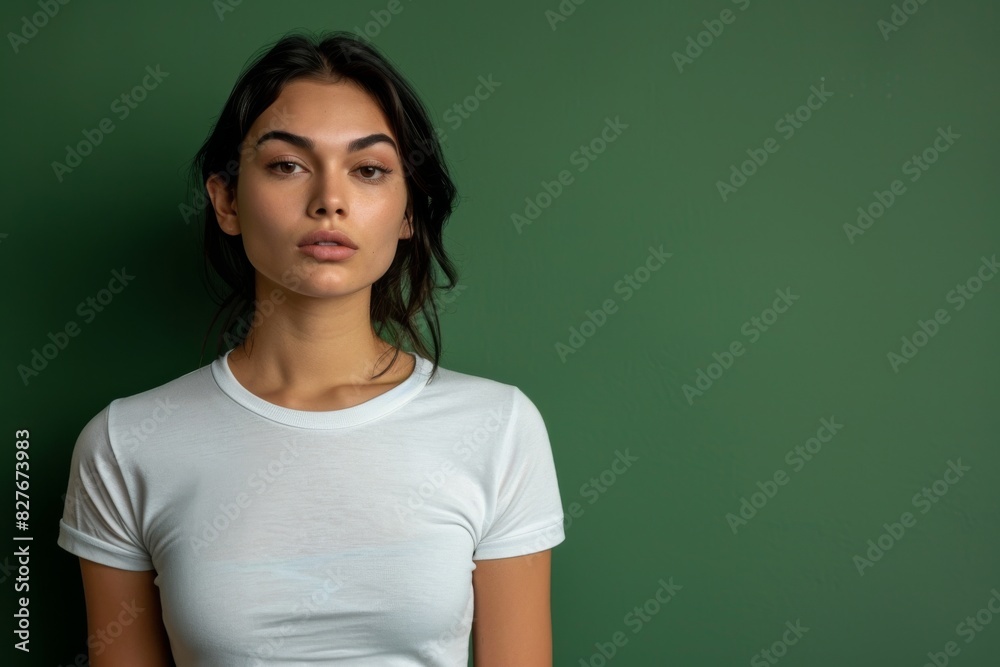 a woman in a white t-shirt stands in front of a green background, AI-generated a woman in a white t-shirt stands in front of a green background, AI-generated
