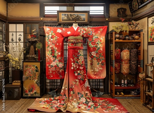 A kimono with a floral pattern displayed in a traditional Japanese room photo