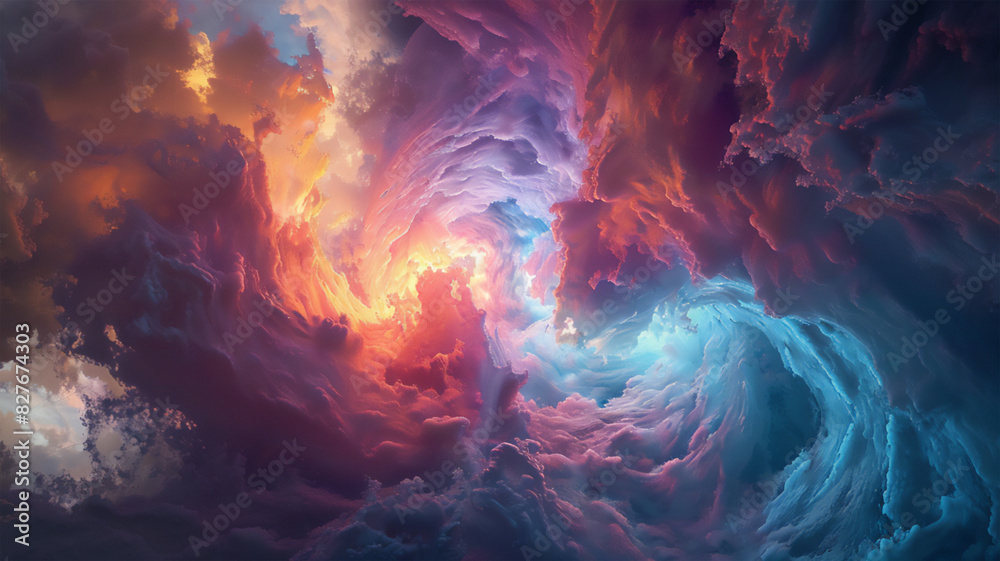 Mystical background with billowing clouds, complimentary colors sparkling at sunset, creating a fantastic atmosphere of peace and love, florapunk, faunaspawn. Mystical background with billowing clouds, complimentary colors sparkling at sunset, creating a fantastic atmosphere of peace and love, florapunk, faunaspawn.