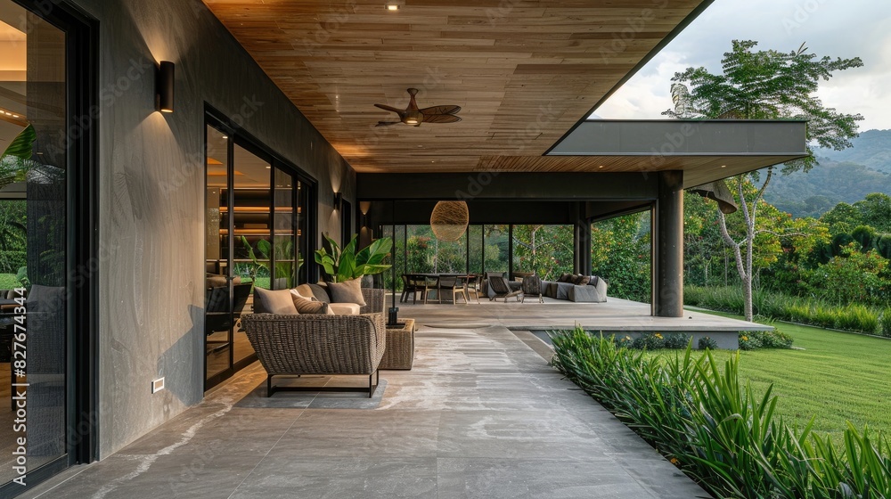 Beautiful home exterior with gray walls, wooden ceiling and grey roof tiles, large windows on the front porch, seating area with wicker furniture, concrete floor.