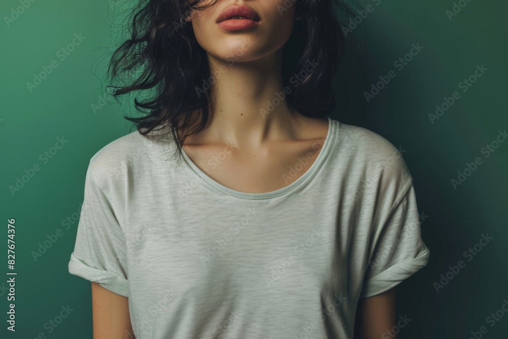 a woman in a white t-shirt stands in front of a green background, AI-generated a woman in a white t-shirt stands in front of a green background, AI-generated