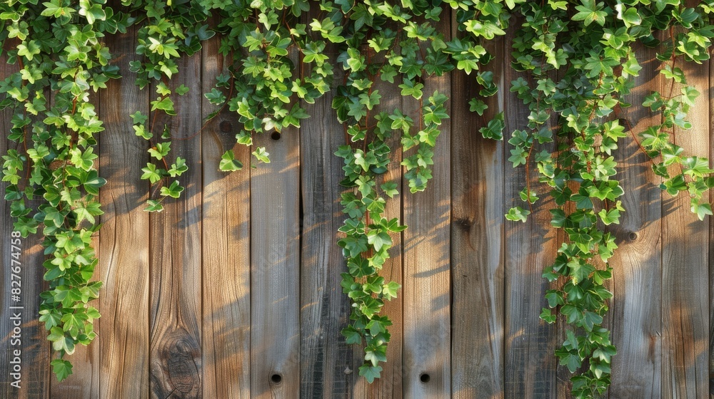 Green foliage on wood backdrop decorates wall. Green foliage on wood backdrop decorates wall.