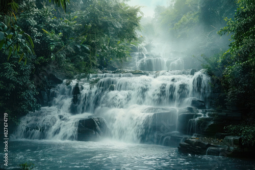 Cascading Waterfall with Lush Vegetation 