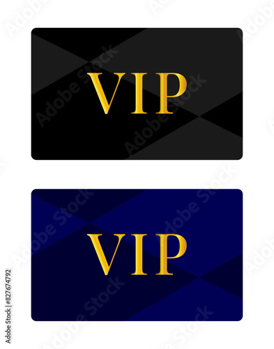 VIP card in black and blue with gold inscription on a white background, vector.