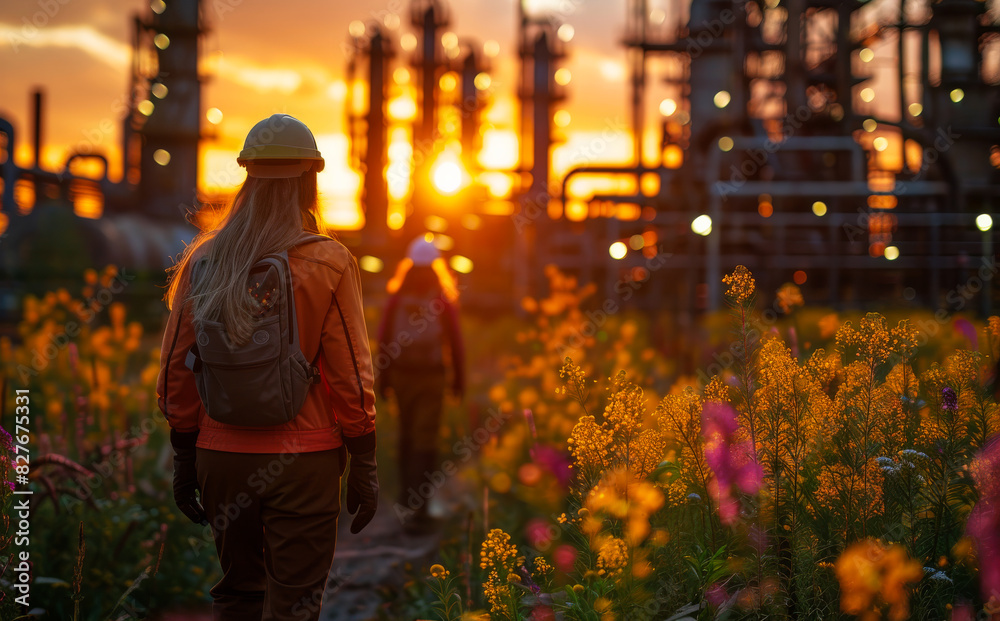 A woman wearing a hard hat and orange jacket walks through a field of flowers. The sun is setting in the background, casting a warm glow over the scene. A woman wearing a hard hat and orange jacket walks through a field of flowers. The sun is setting in the background, casting a warm glow over the scene.