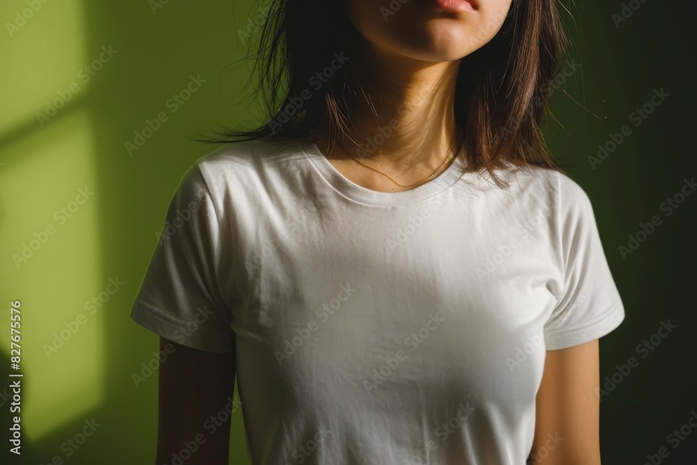 a woman in a white t-shirt stands in front of a green colorbackground, AI-generated a woman in a white t-shirt stands in front of a green colorbackground, AI-generated