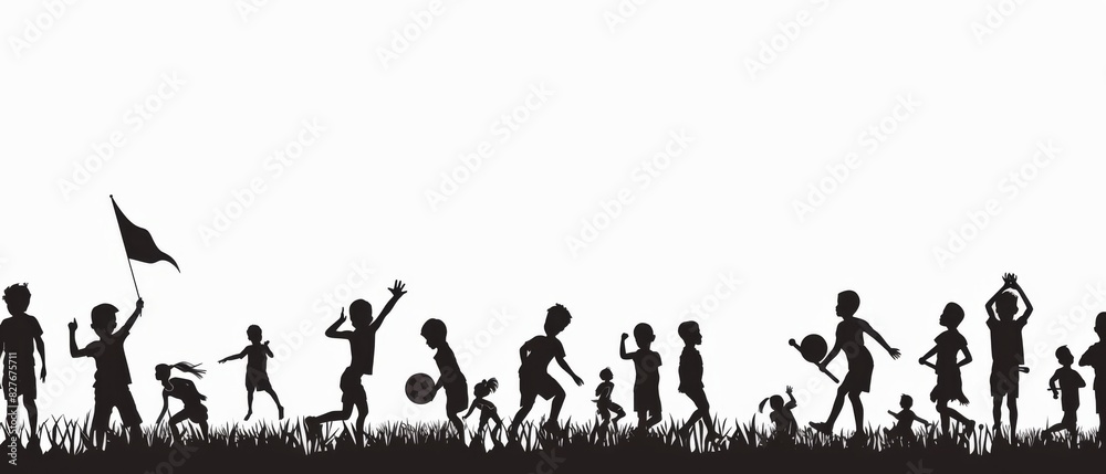 Obraz premium Silhouette of children playing and dancing outdoors, capturing the joy and freedom of childhood in a minimalist black and white style.