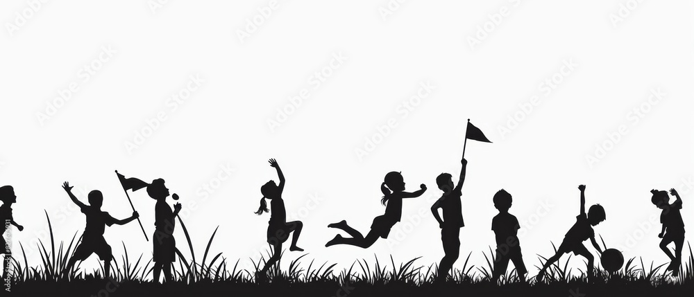 Obraz premium Silhouette of children playing outdoors, jumping, running, and having fun in the grass field, capturing the joy of childhood.