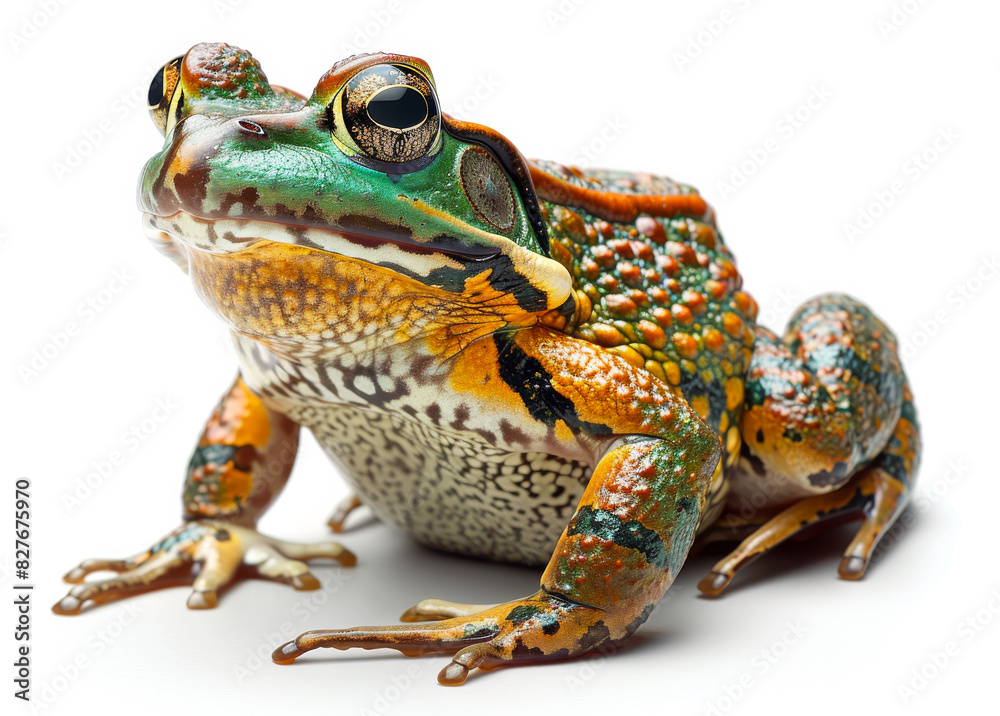 Obraz premium A frog with green and brown spots is standing on a white background. The frog has a curious expression on its face
