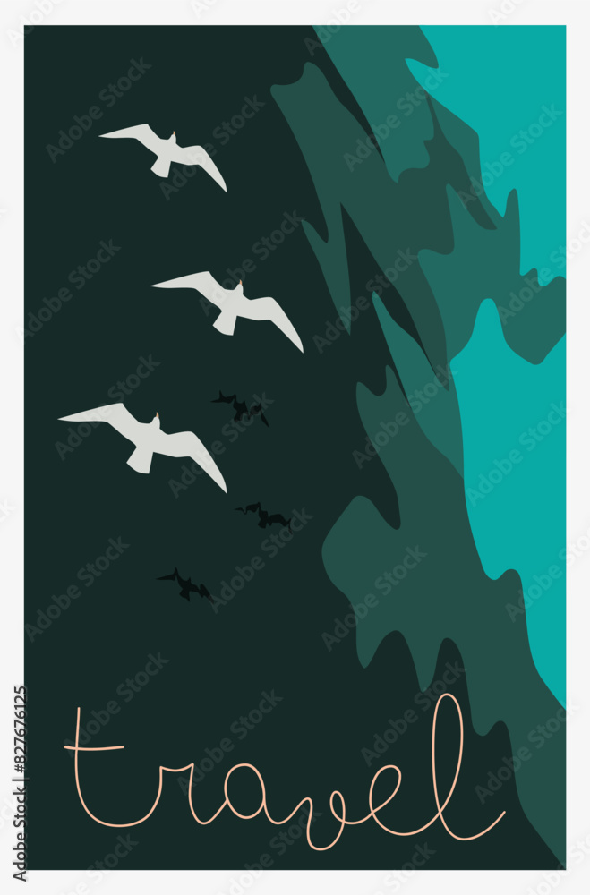 Obraz premium Top view over the sea. Birds fly over ocean waves. Coastline. Travel concept.