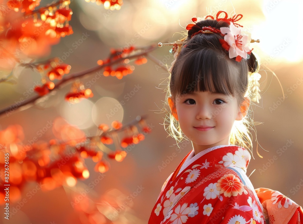 Little Japanese girl in kimono standing in a field of red flowers Little Japanese girl in kimono standing in a field of red flowers