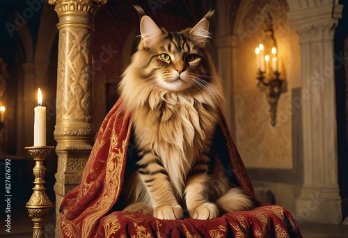 Majestic Maine Coon, striped king in a cape on a throne in a Gothic setting with candlelight. Royal with a medieval atmosphere, the cat looks like royalty photo