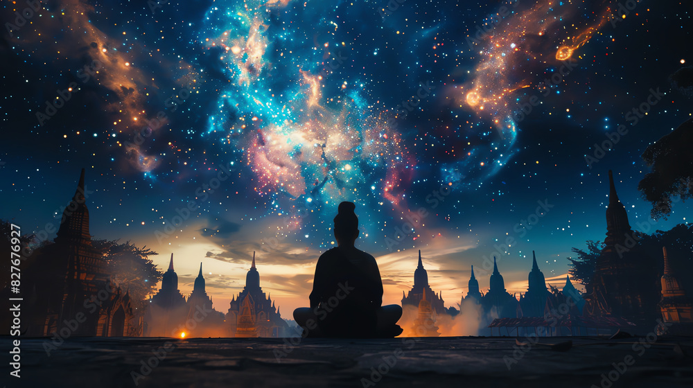 A lone monk sits in meditation as he gazes upon the vastness of the cosmos. The stars twinkle and shine, illuminating the night sky with their brilliance. A lone monk sits in meditation as he gazes upon the vastness of the cosmos. The stars twinkle and shine, illuminating the night sky with their brilliance.