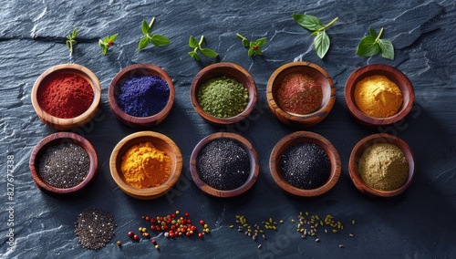 Colorful Ingredients and Spices in Wooden Bowls