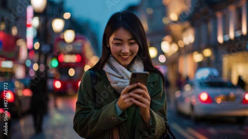 The smiling woman using phone
