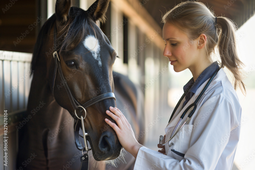 Obraz premium Dedicated female veterinarian tenderly assesses a horse's health in a stable, exemplifying professionalism and animal healthcare expertise