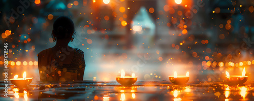 A beautiful Indian woman in a red sari sits on the edge of a pool, surrounded by floating candles © Tanakorn