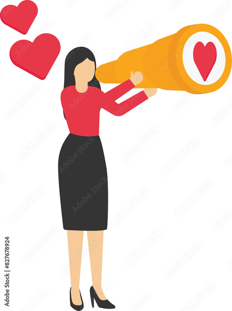Happy cartoon woman with big binoculars looking for love. Girl finding partner flat vector illustration. Romance, relationship, Valentine's day concept for banner, website design or landing web page

