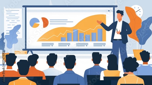 A man is giving a presentation in front of a large screen with a pie chart on it