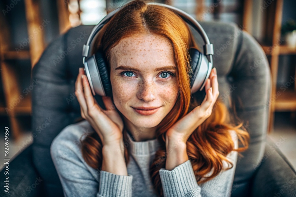Music lover. A young beautiful red-haired woman with freckles listens to music in large wireless headphones at home on an armchair in the living room. Harmony, relaxation and relaxation. Music lover. A young beautiful red-haired woman with freckles listens to music in large wireless headphones at home on an armchair in the living room. Harmony, relaxation and relaxation.