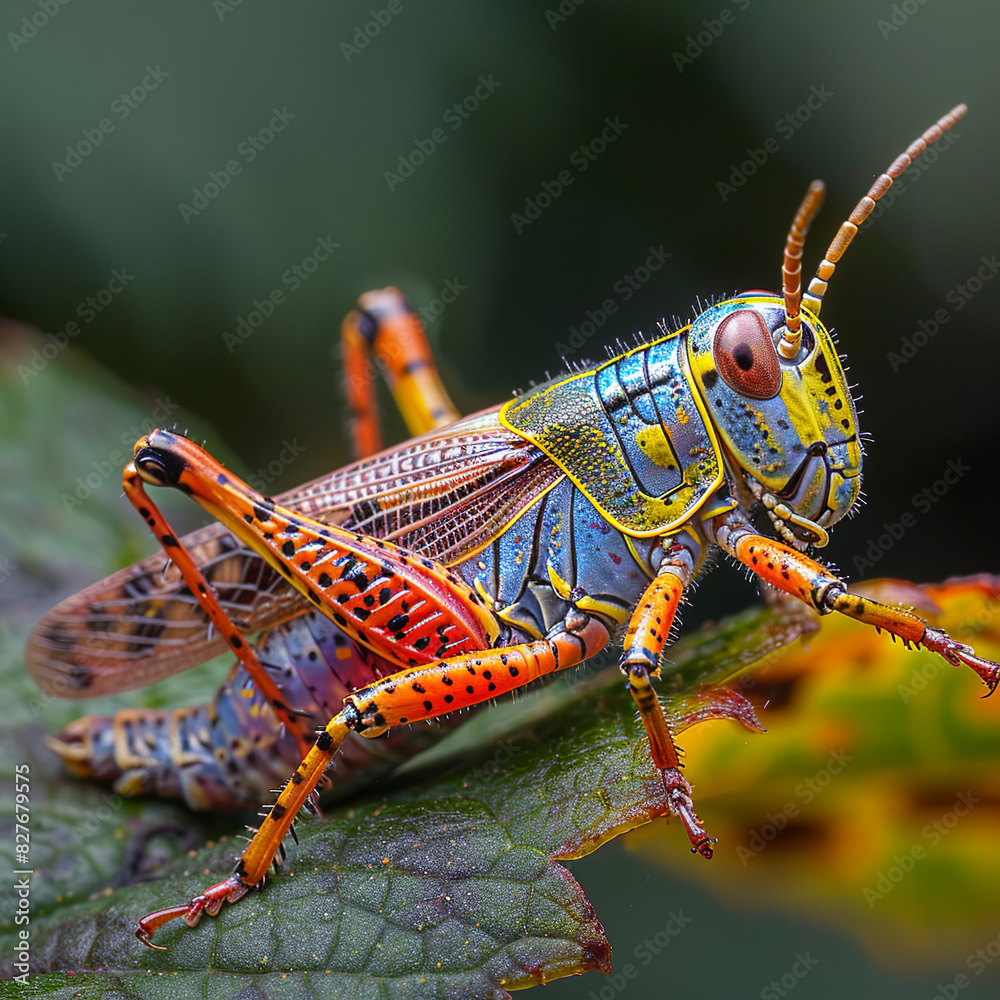 Fototapeta premium a small colorful grasshopper on a leaf
