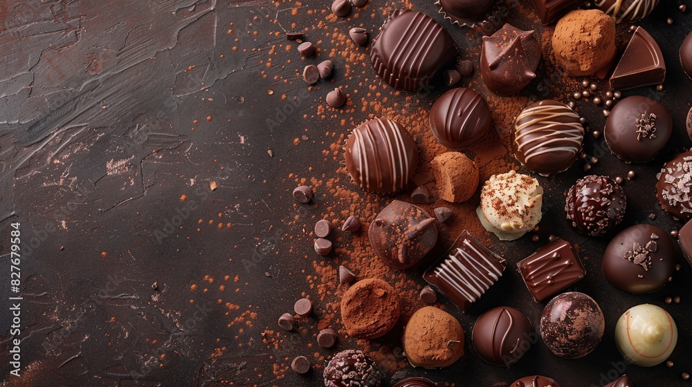 Assorted Chocolate Candies with Nuts on dark brown background Assorted Chocolate Candies with Nuts on dark brown background