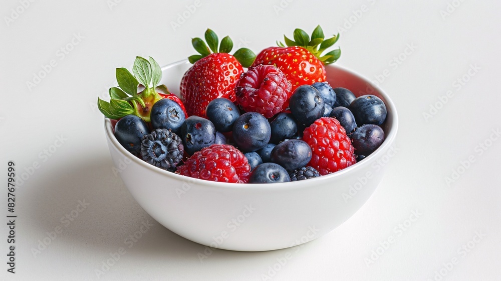 Bowl of mixed berries including strawberries, blueberries, and raspberries on a white background
