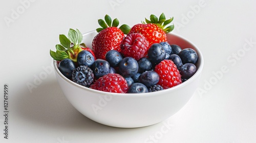 Bowl of mixed berries including strawberries  blueberries  and raspberries on a white background