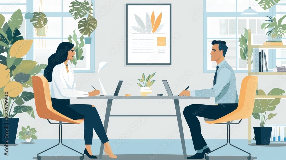 Two people sitting at a table in a room with plants Two people sitting at a table in a room with plants