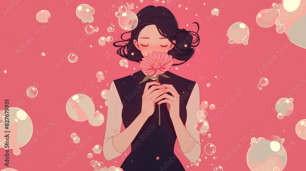 A delightful 2d duo featuring a charming couple the wife holding a flower against a backdrop of bubbles A delightful 2d duo featuring a charming couple the wife holding a flower against a backdrop of bubbles
