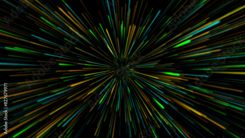 Abstract neon geometric background in green color and turquoise featuring a hyperdrive lightspeed tunnel loop with a technology circular centric zoom motion pattern. Glowing rays animation  led lights