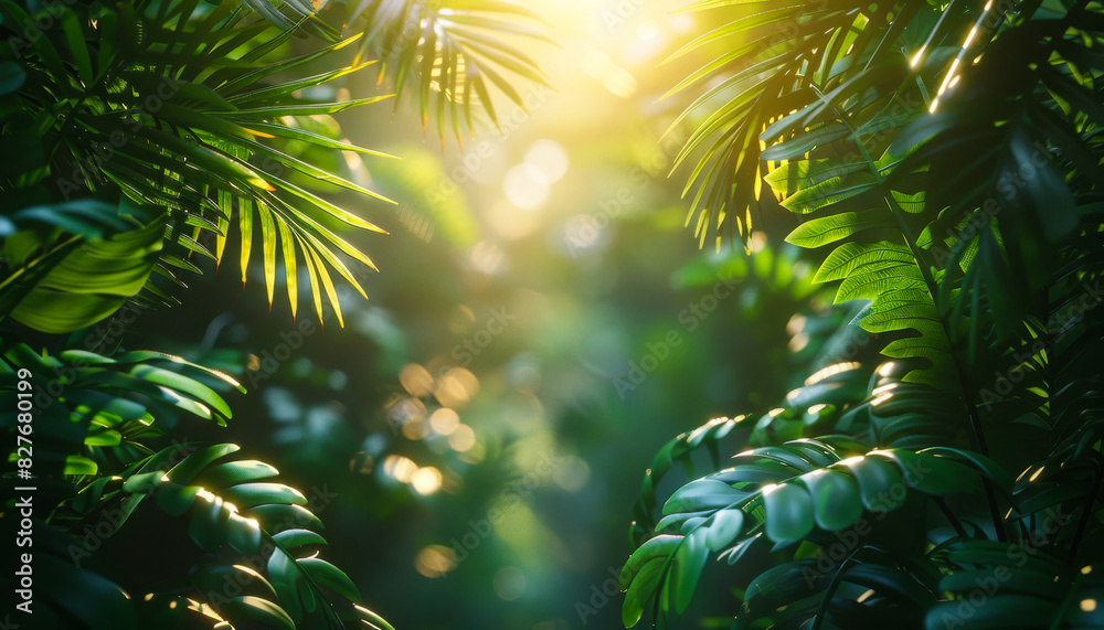 A lush green forest with sunlight shining through the leaves. Concept of tranquility and serenity, as the viewer is surrounded by the beauty of nature A lush green forest with sunlight shining through the leaves. Concept of tranquility and serenity, as the viewer is surrounded by the beauty of nature