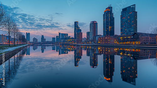 city skyline with skyscrapers and reflections on river at sunset