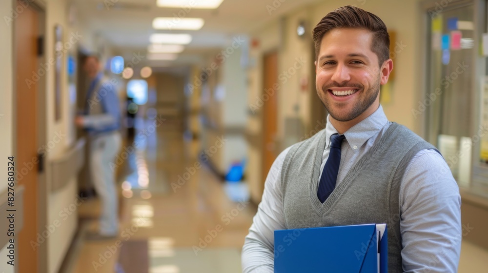 Smiling professional man in a hospital corridor, holding a folder and wearing business casual attire. Healthcare and hospital environment. Smiling professional man in a hospital corridor, holding a folder and wearing business casual attire. Healthcare and hospital environment.