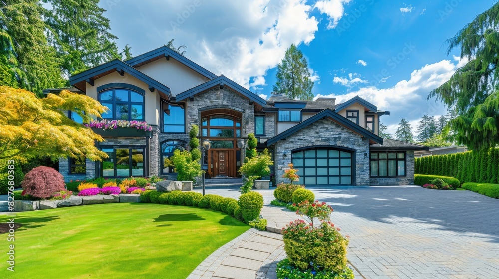 beautiful luxury home in the scenic area of Vancouver with a large front yard and driveway, stone exterior, blue sky, trees, colorful flowers, grassy lawn, photo realistic