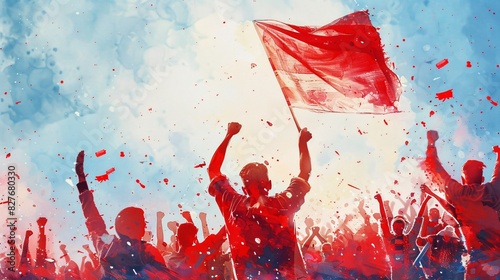 watercolor illustration of excited emotional crowd of sport fans cheering and screaming on match at stadium, the fans wearing red t-shirt generative AI