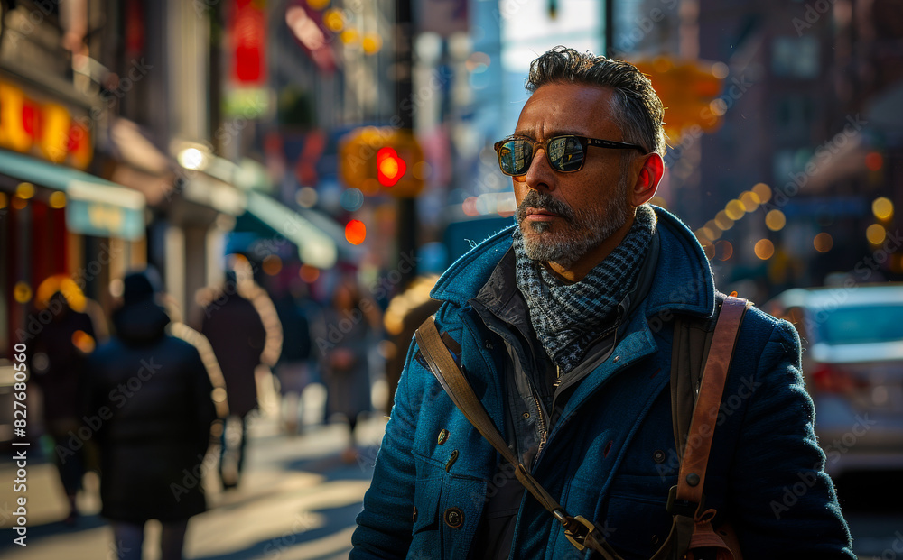 A man wearing a blue coat and sunglasses stands on a busy city street. He is looking at the camera and he is in a contemplative mood. A man wearing a blue coat and sunglasses stands on a busy city street. He is looking at the camera and he is in a contemplative mood.